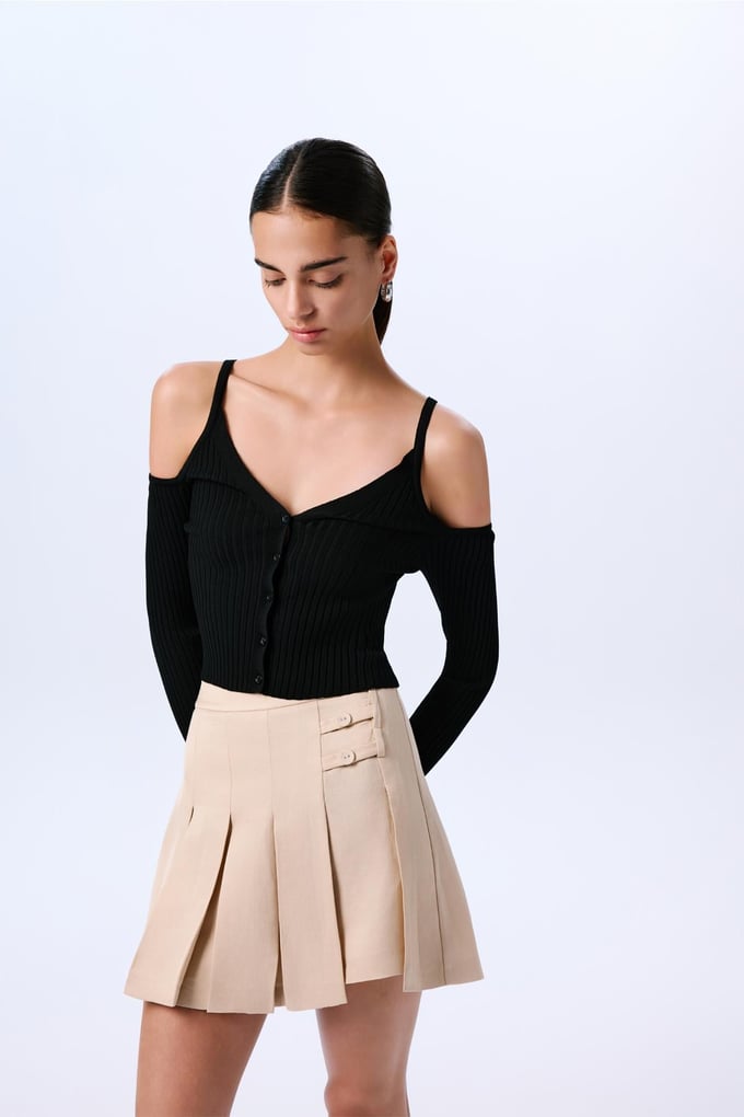 Pleated Linen Blended Beige Skirt  