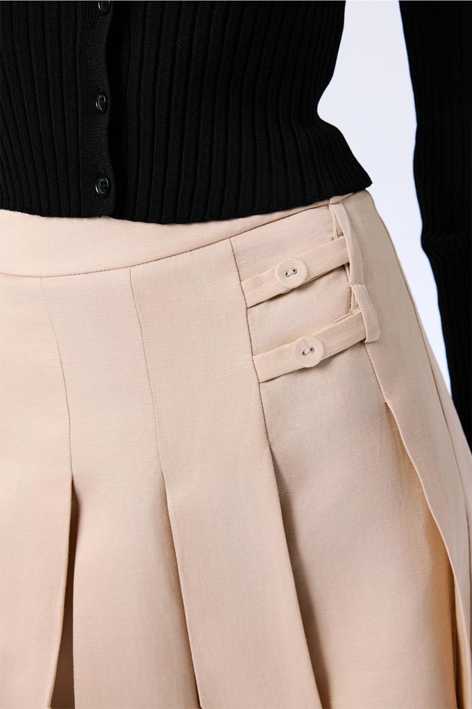 Pleated Linen Blended Beige Skirt  