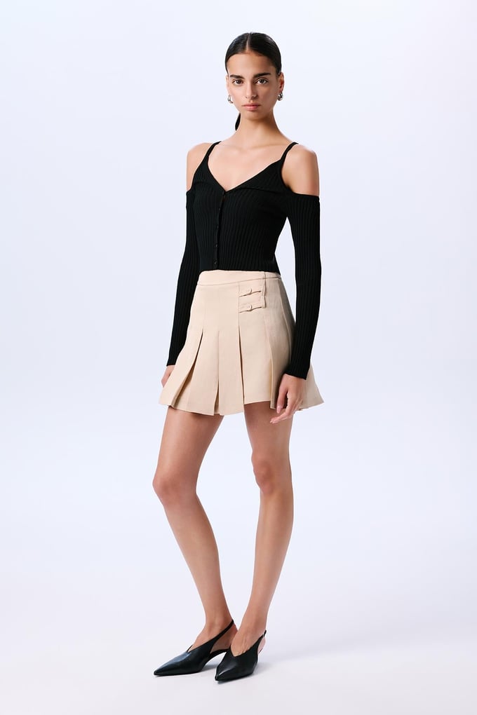 Pleated Linen Blended Beige Skirt  