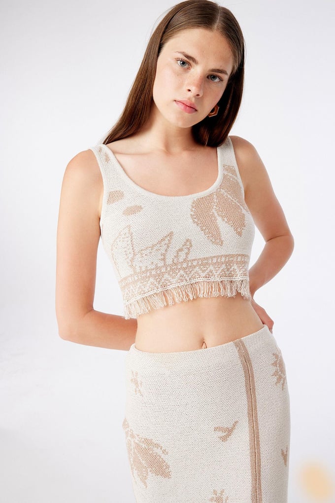 Fringe Detail Strappy Ecru Crop Top