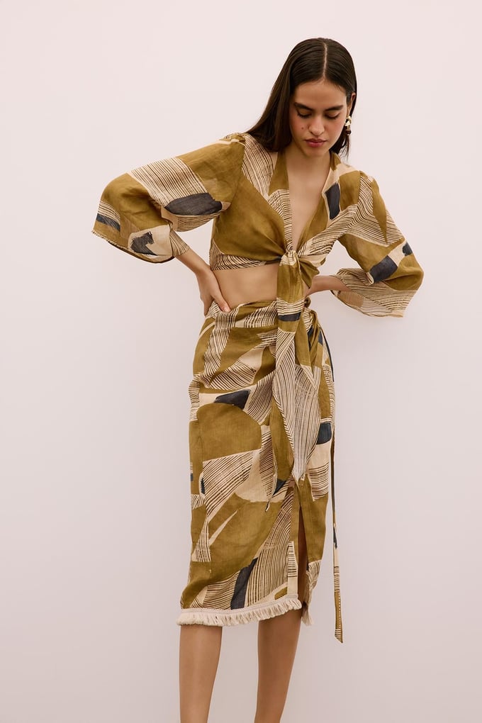 Fringe Detailed Patterned Camel Pareo