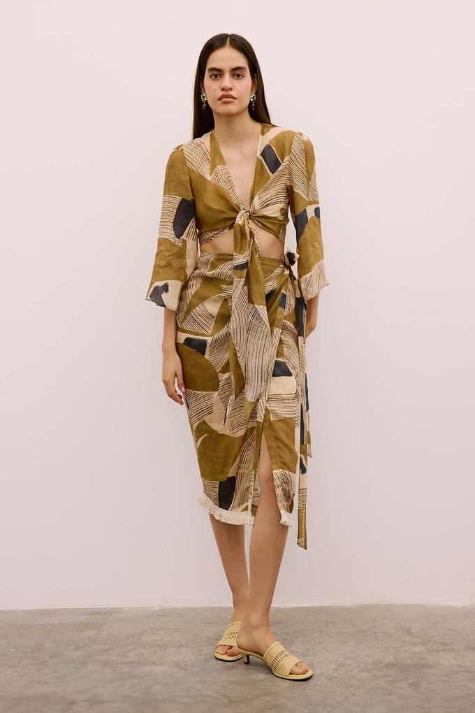 Fringe Detailed Patterned Camel Pareo