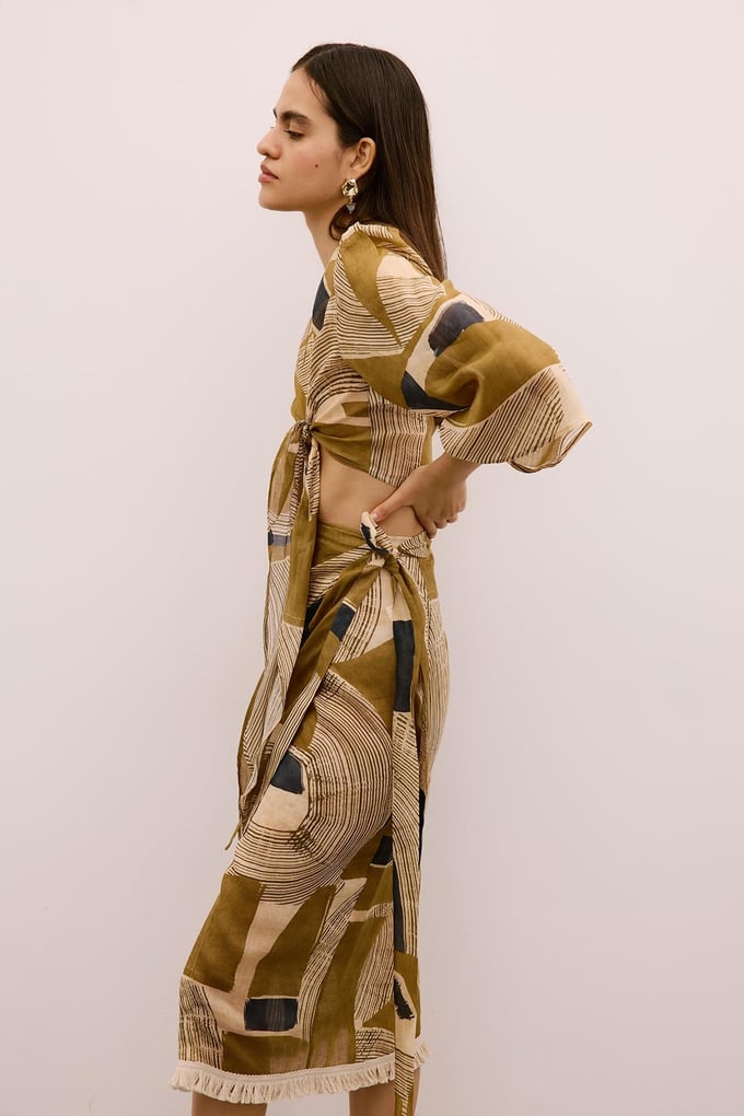 Fringe Detailed Patterned Camel Pareo