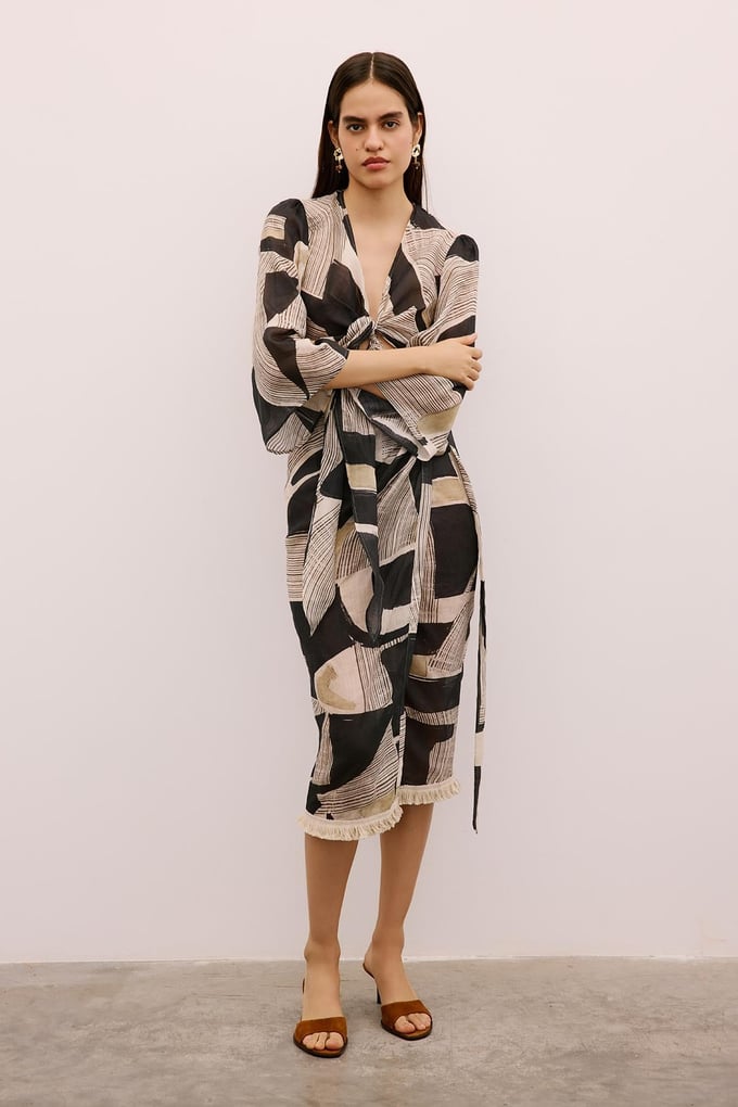 Fringe Detailed Patterned Black Pareo