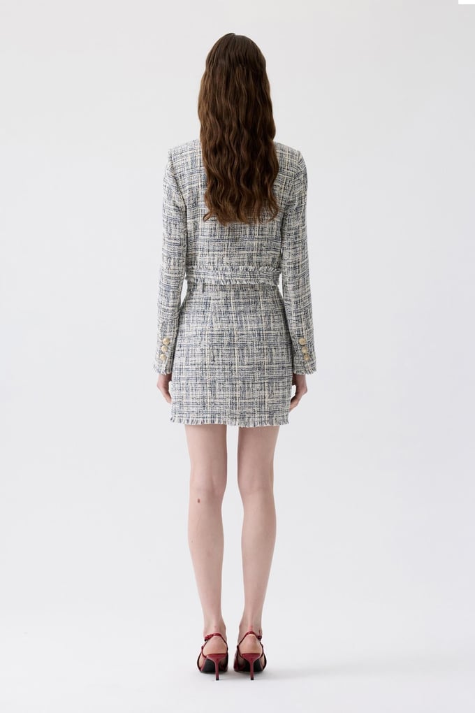 Fringed Detail Navy Blue Tweed Mini Blazer