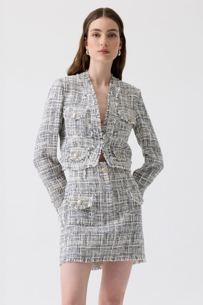 Fringed Detail Navy Blue Tweed Mini Blazer