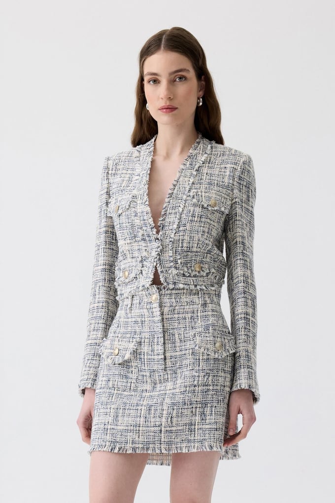 Fringed Detail Navy Blue Tweed Mini Blazer