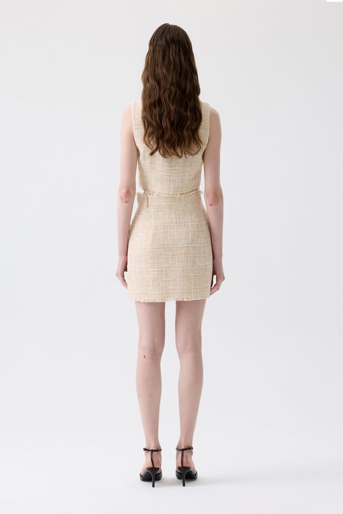 Fringed Detail Tweed Beige Vest