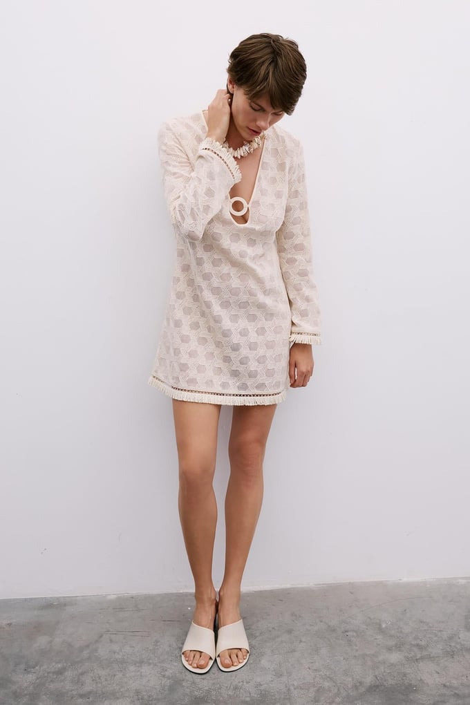 Fringe Detail Long Sleeve Mini Ecru Dress