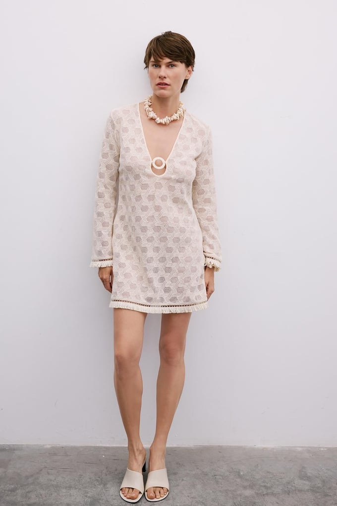 Fringe Detail Long Sleeve Mini Ecru Dress