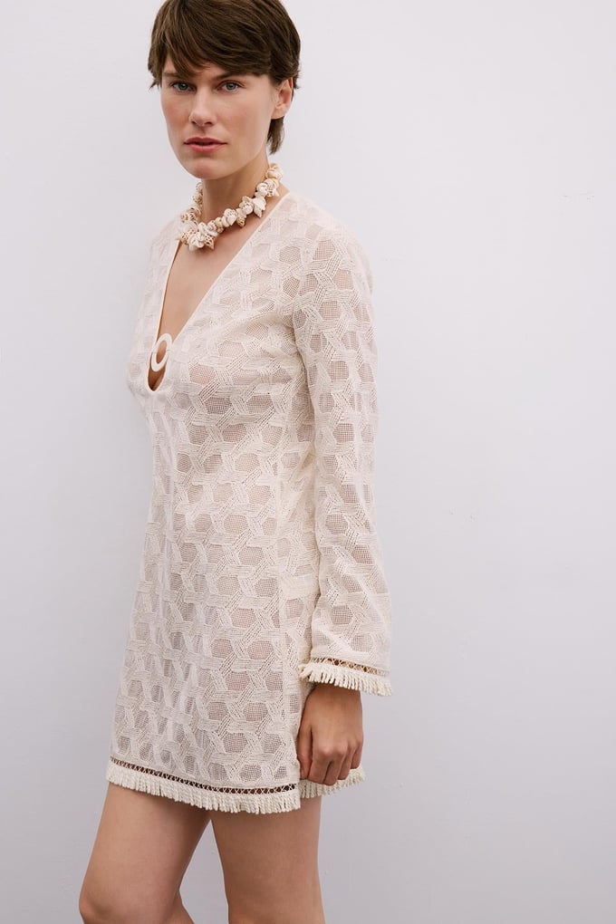 Fringe Detail Long Sleeve Mini Ecru Dress