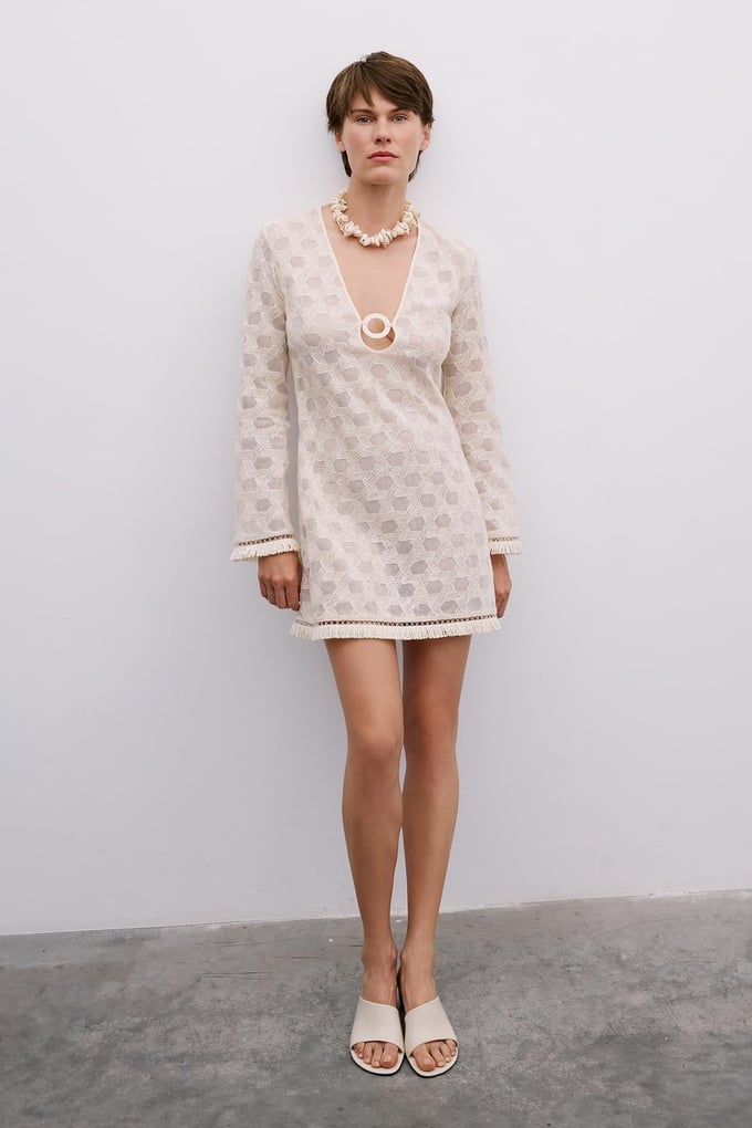 Fringe Detail Long Sleeve Mini Ecru Dress