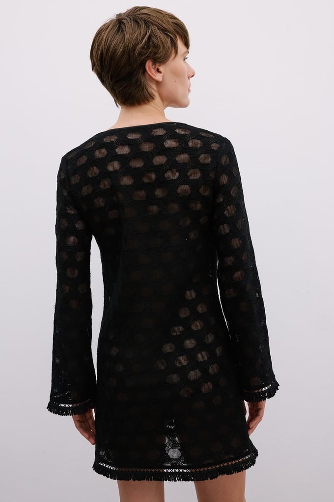 Fringe Detail Long Sleeve Mini Black Dress