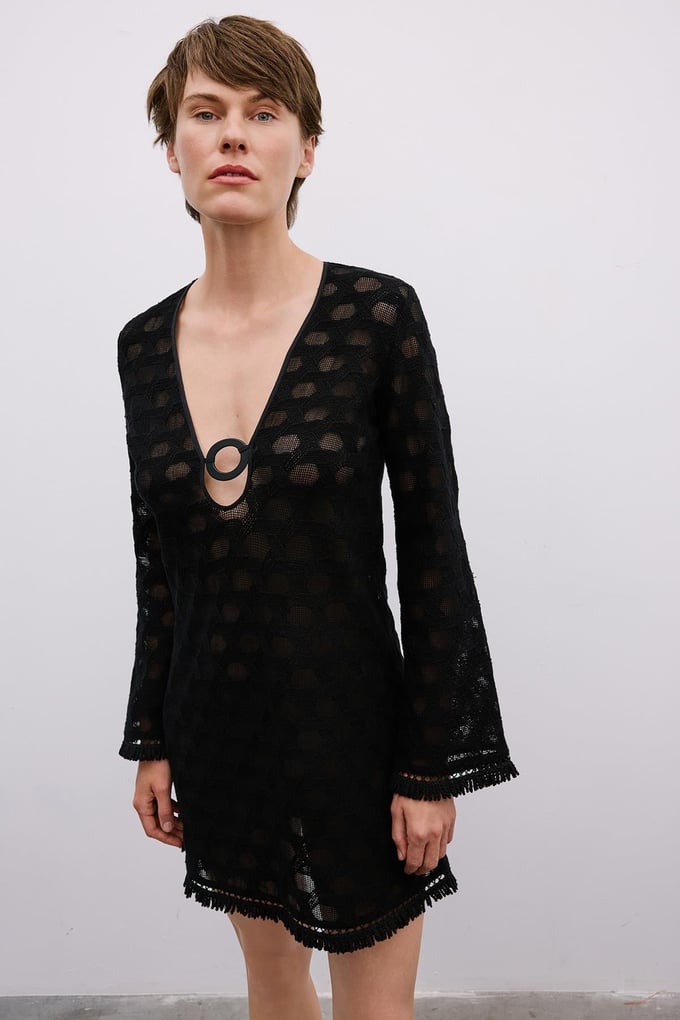 Fringe Detail Long Sleeve Mini Black Dress