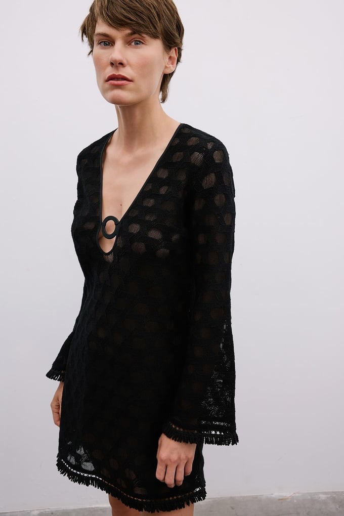 Fringe Detail Long Sleeve Mini Black Dress