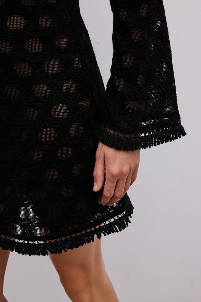 Fringe Detail Long Sleeve Mini Black Dress