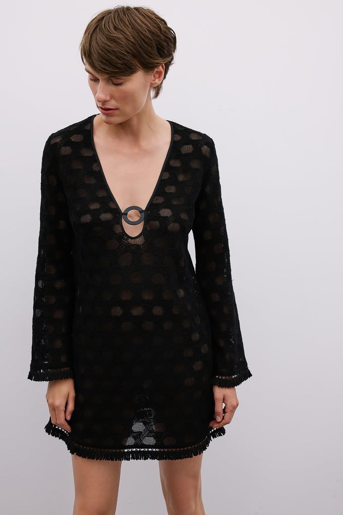 Fringe Detail Long Sleeve Mini Black Dress