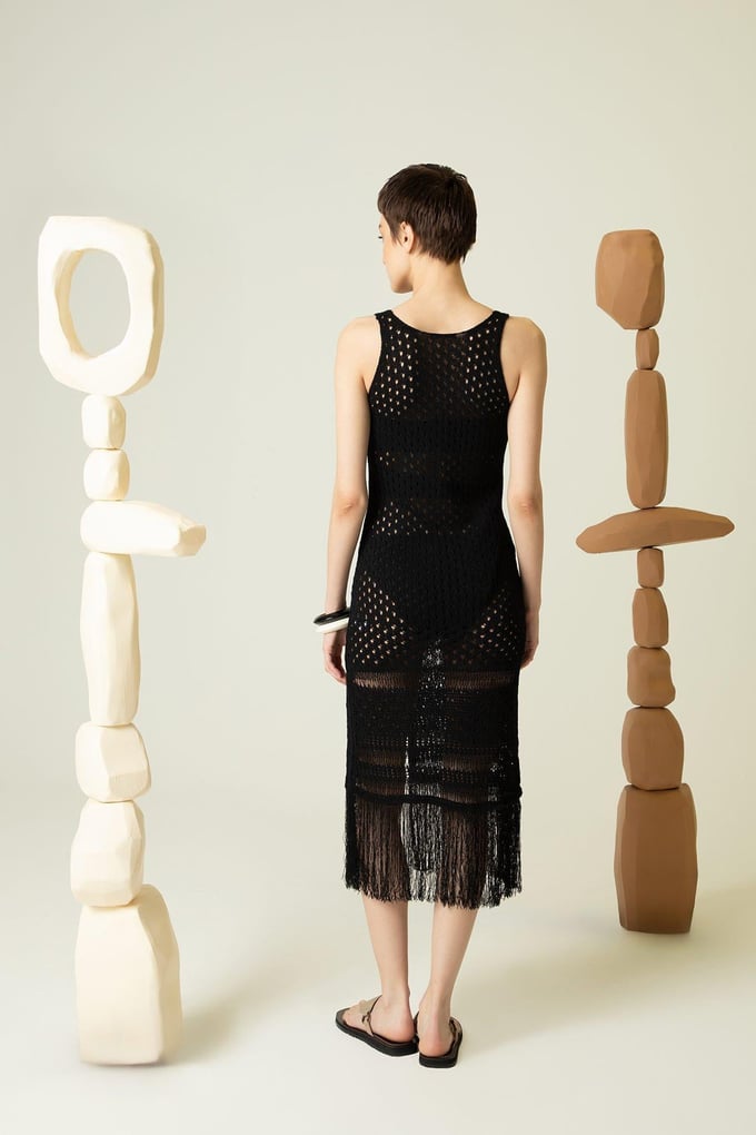 Fringe Detail V-Neck Black Beach Dress