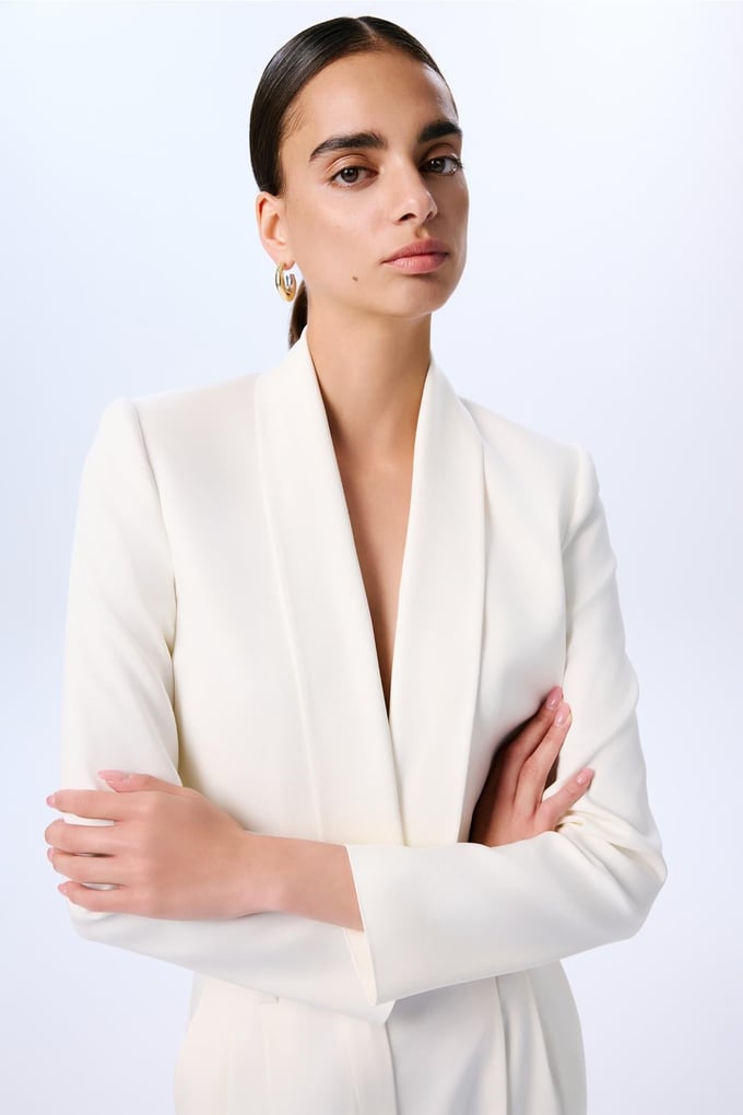 Shawl Collar Long Sleeve Ecru Crop Jacket  