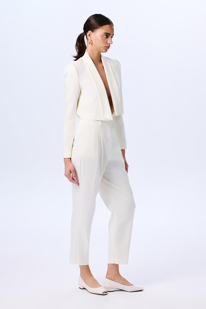 Shawl Collar Long Sleeve Ecru Crop Jacket  