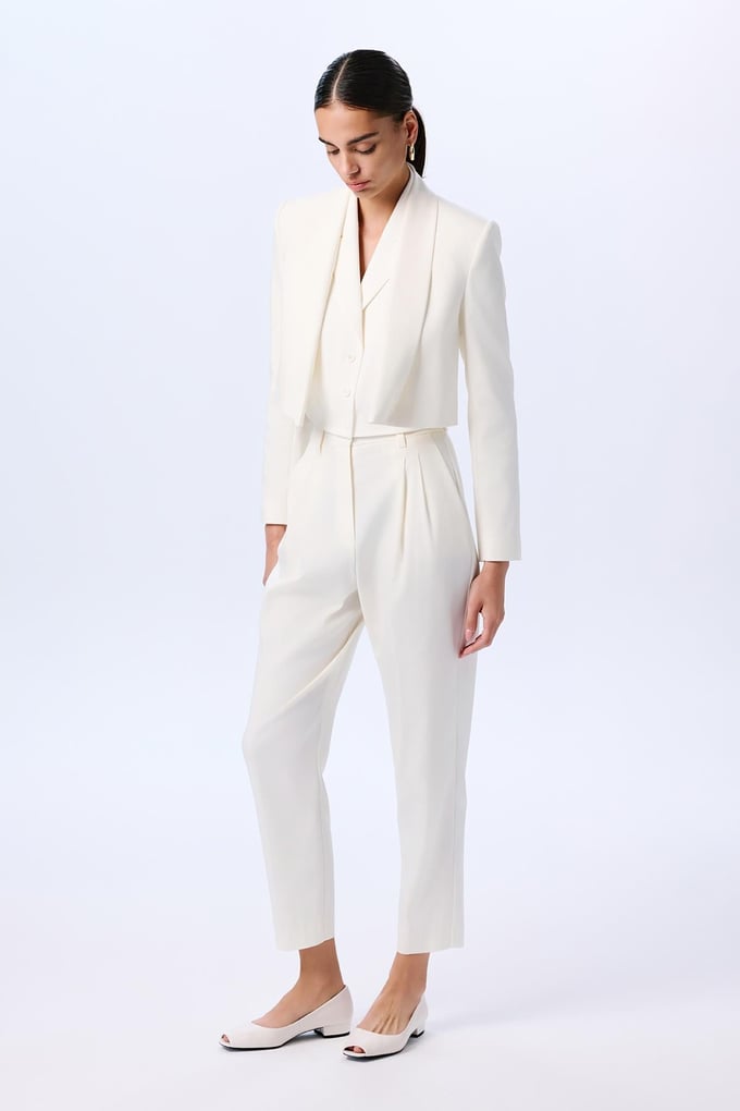 Shawl Collar Long Sleeve Ecru Crop Jacket  