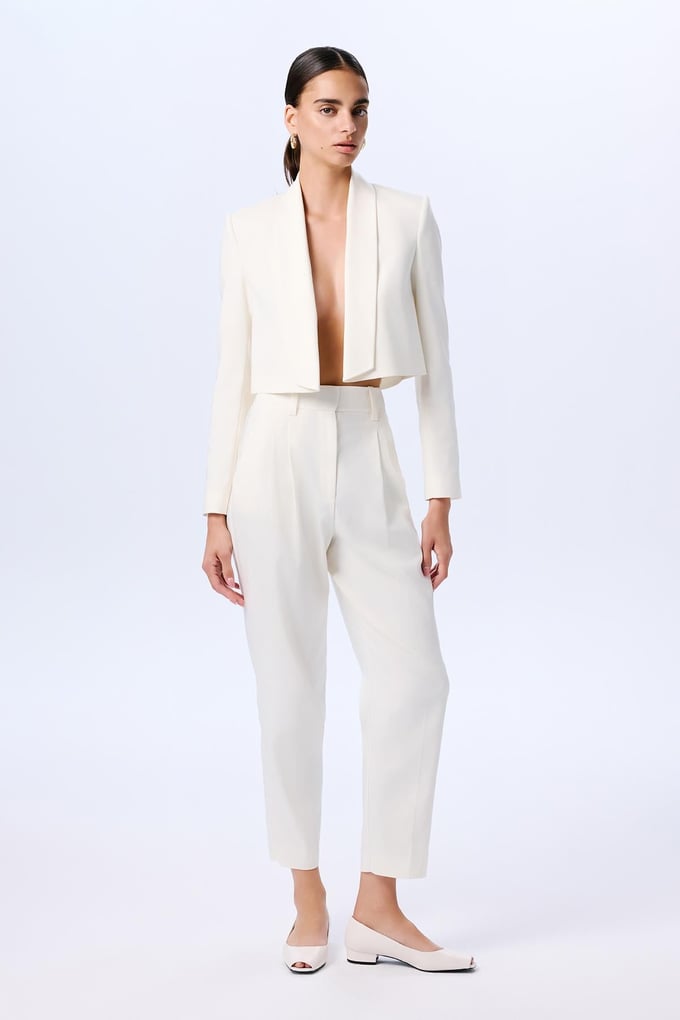 Shawl Collar Long Sleeve Ecru Crop Jacket  