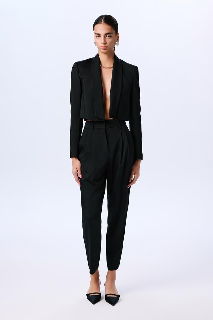 Shawl Collar Long Sleeve Black Crop Jacket  