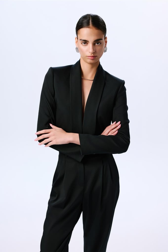 Shawl Collar Long Sleeve Black Crop Jacket  