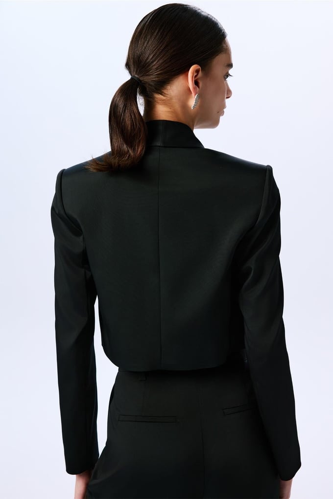 Shawl Collar Long Sleeve Black Crop Jacket  