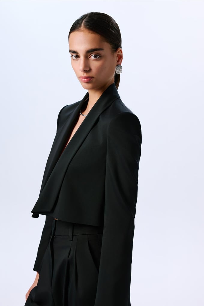 Shawl Collar Long Sleeve Black Crop Jacket  