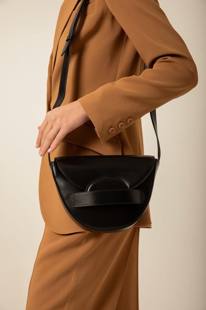 Striped Detail Black Leather Crossbody Bag