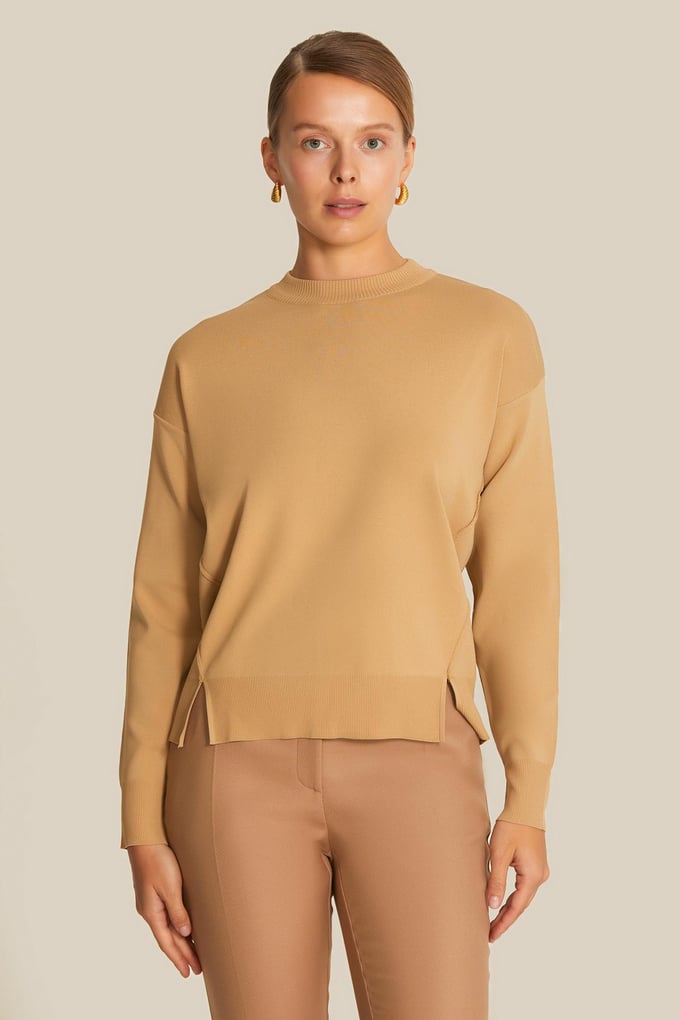 Crew Neck Draped Camel Knit Blouse