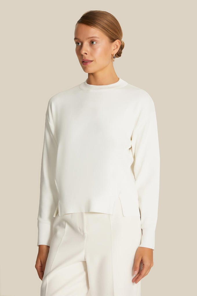 Crew Neck Draped Ecru Knit Blouse