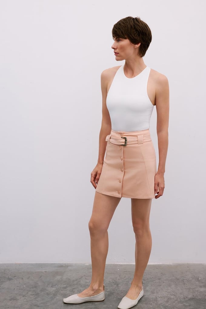 Elegant Belted Mini Powder Pink Skirt