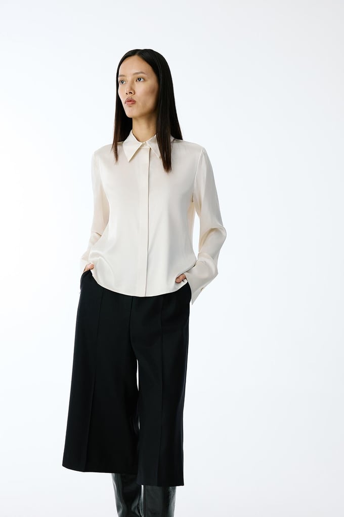 Elegant Cuffed Long Sleeve Beige Blouse