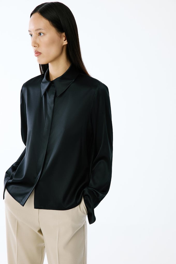 Elegant Cuffed Long Sleeve Black Blouse