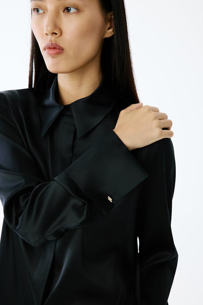 Elegant Cuffed Long Sleeve Black Blouse