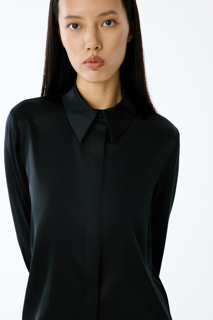 Elegant Cuffed Long Sleeve Black Blouse