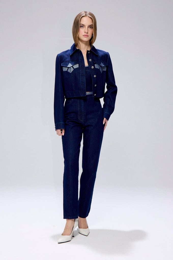 Glitter Detail Denim Navy Crop Jacket