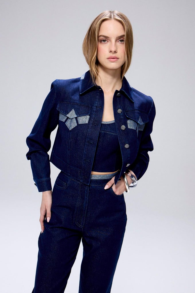 Glitter Detail Denim Navy Crop Jacket