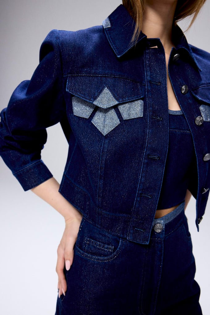 Glitter Detail Denim Navy Crop Jacket