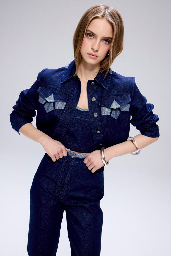 Glitter Detail Denim Navy Crop Jacket