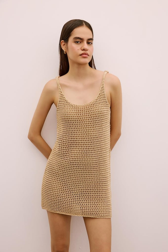 Shimmery Textured Strappy Mini Camel Dress