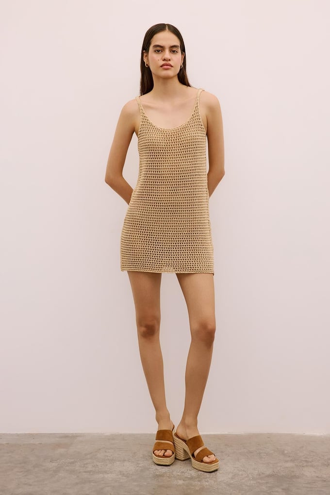 Shimmery Textured Strappy Mini Camel Dress