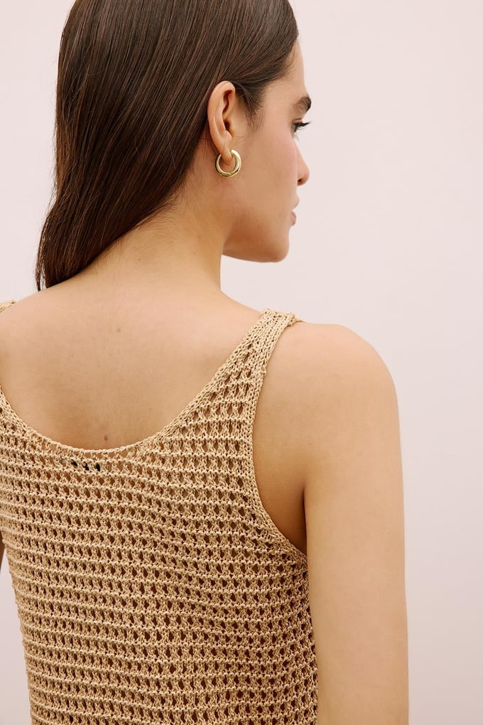 Shimmery Textured Strappy Mini Camel Dress