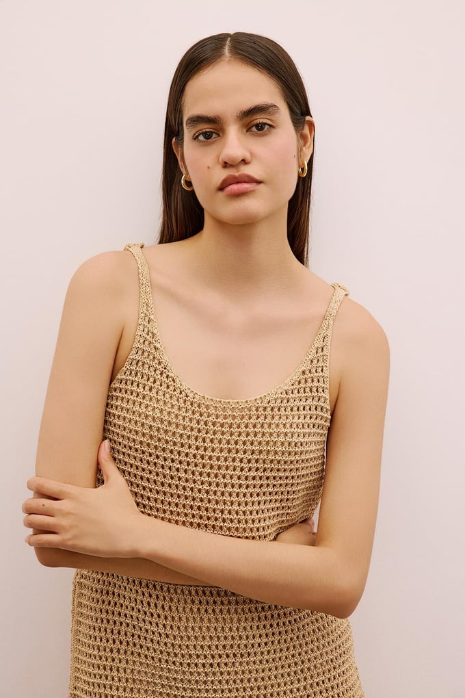 Shimmery Textured Strappy Mini Camel Dress
