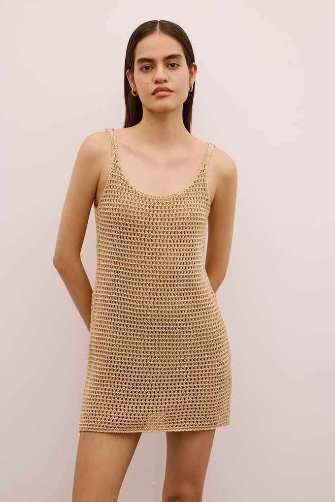 Shimmery Textured Strappy Mini Camel Dress