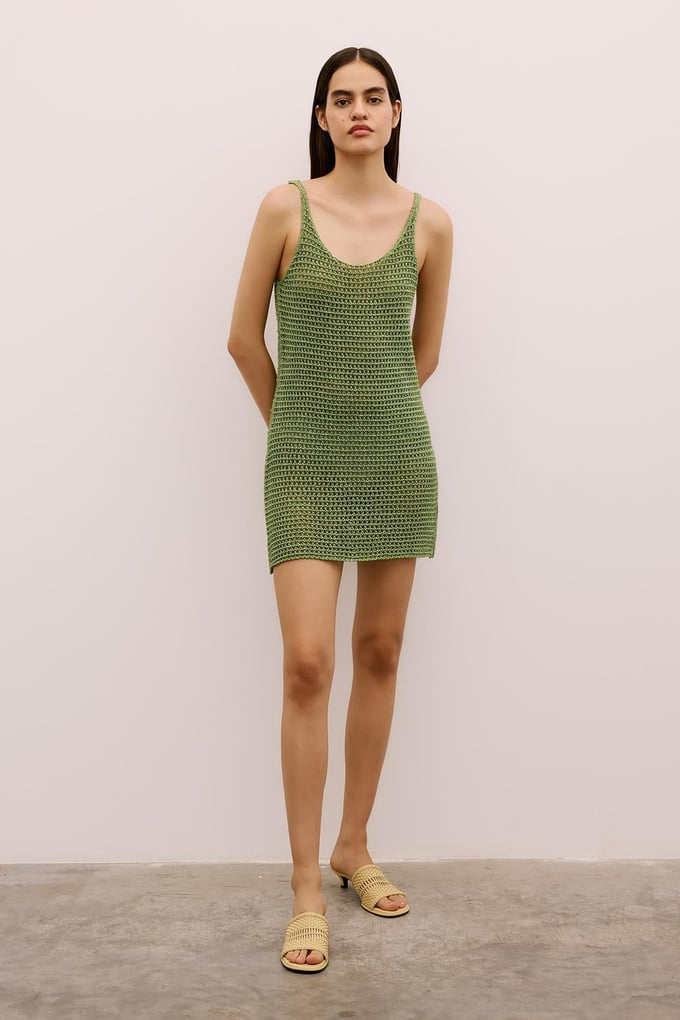 Shimmery Textured Strappy Mini Green Dress