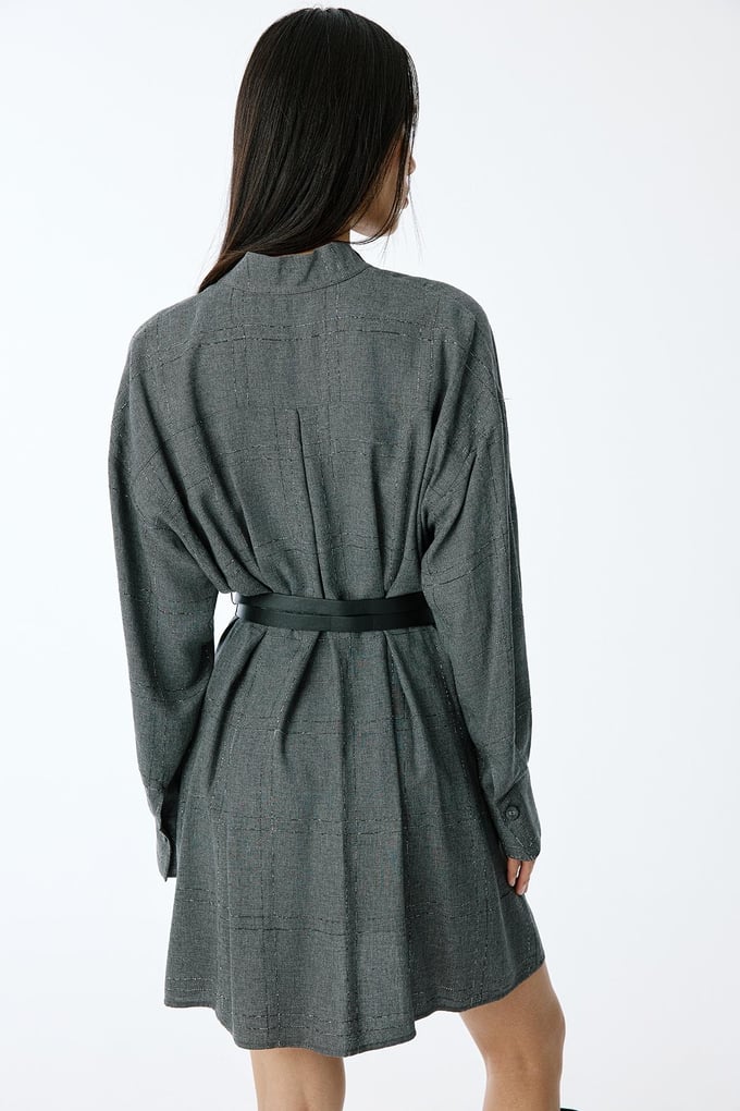 Glitter Plaid V-Neck Grey Mini Dress