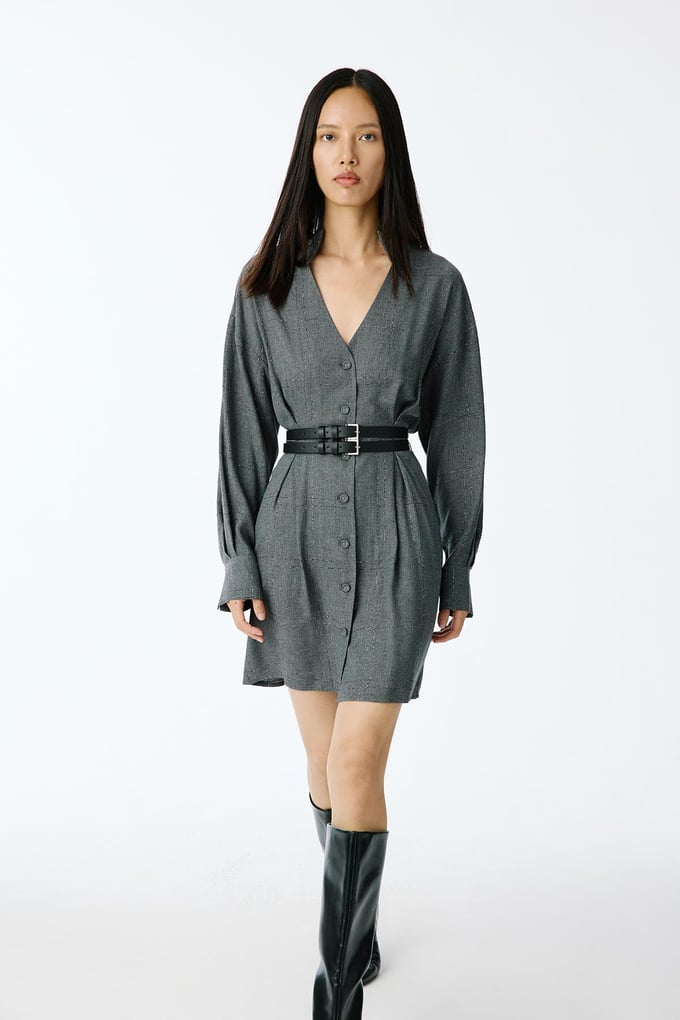 Glitter Plaid V-Neck Grey Mini Dress